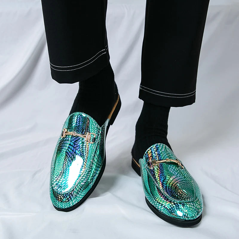 Fashion Brand Men's Cool Snake Skin Pattern Comfortable Half Back Leather Shoe Summer Men Breathable Bottom Casual Leather Shoes