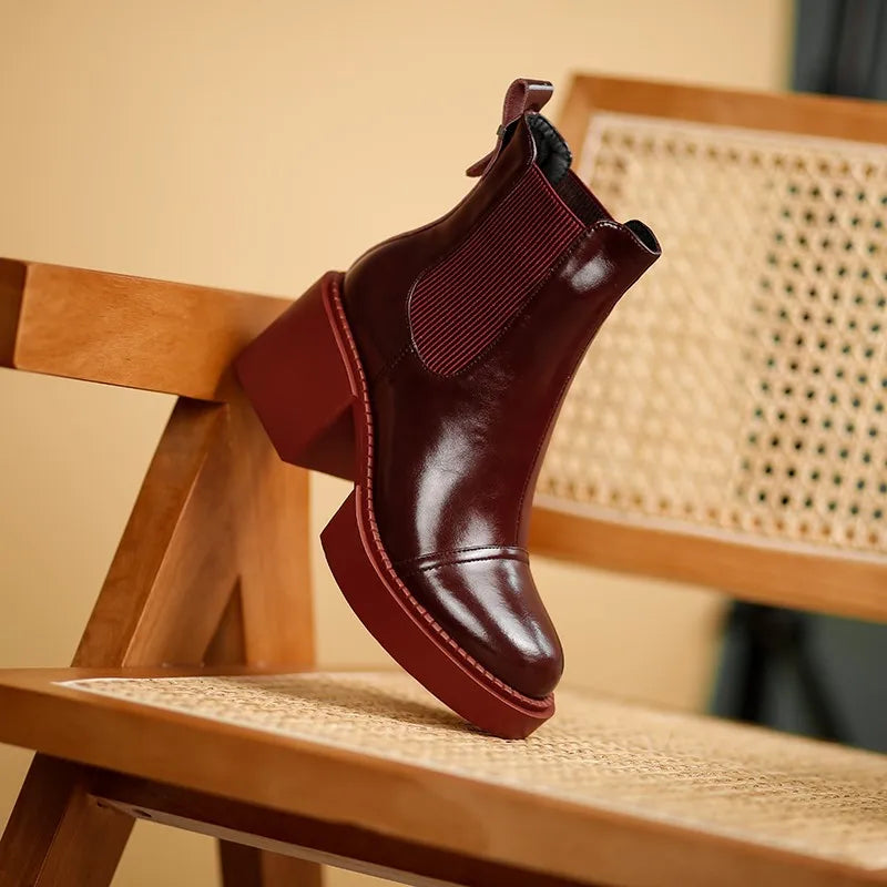 Winter Genuine Leather Chelsea Boots Women Shoes Retro Round Toe Women Platform Thick Heels Short Booties Autumn