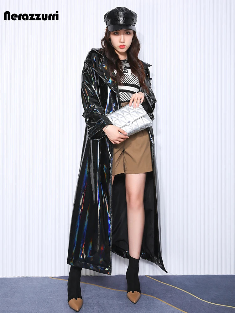 Nerazzurri Autumn Extra Long Black Holographic Shiny Reflective Stretchy Soft PVC Leather Trench Coat for Women European Fashion