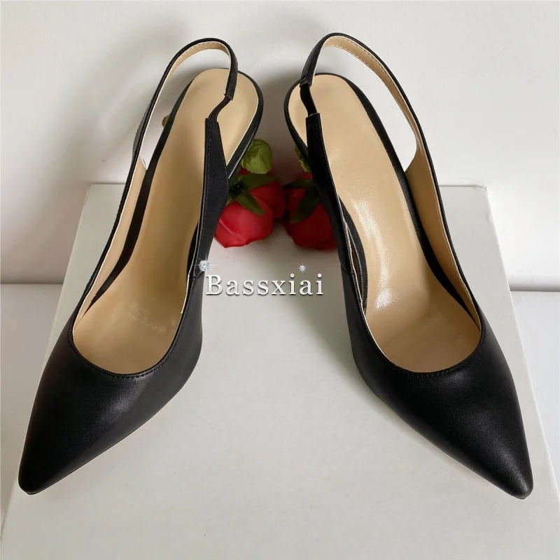 Unique Rose Flower Heel Women Pumps Genuine Leather Slingbacks Sexy Pointed Toe Dress Shoes For Girls