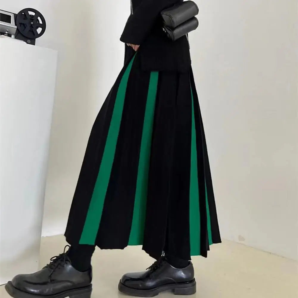 Women Midi Skirt High Waist Patchwork Color Pleated Skirt Ladies Autumn Knitting Skirt Women Versatile Comfortable Daily Wear