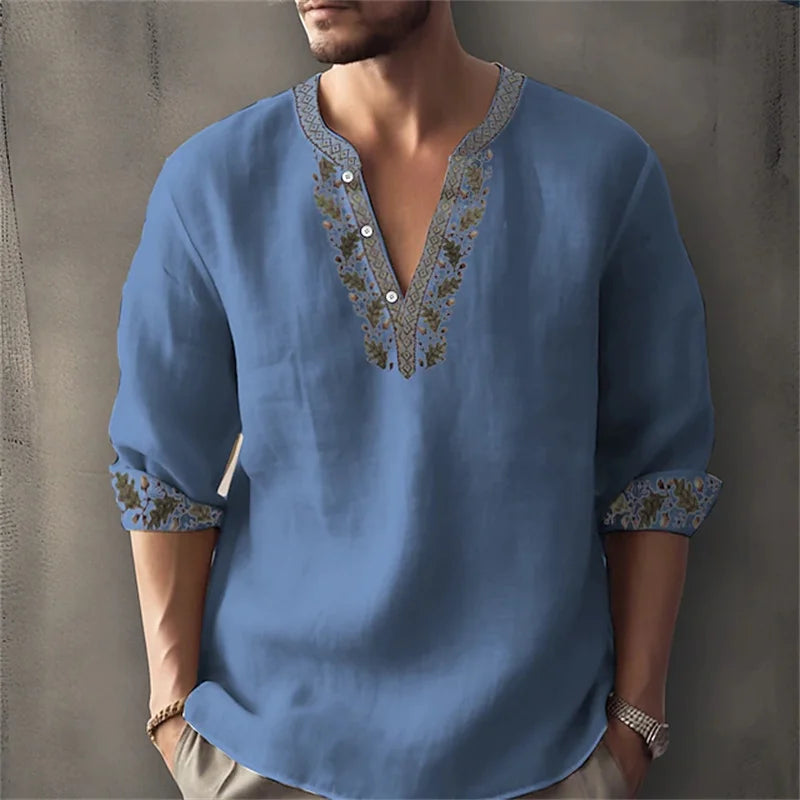 2026 Summer New Men's Fashion Printed Shirt, Henley Collar, Long Sleeve, Ethnic Style, Loose Fit, Breathable, Casual Men's Top