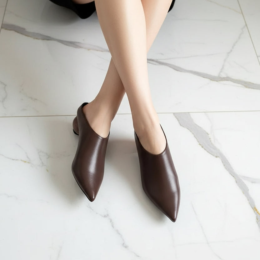 Genuine Leather Mules Women Pointed Covered Toe Med Ball Shape Heel Office Ladies Slippers Strange Heel