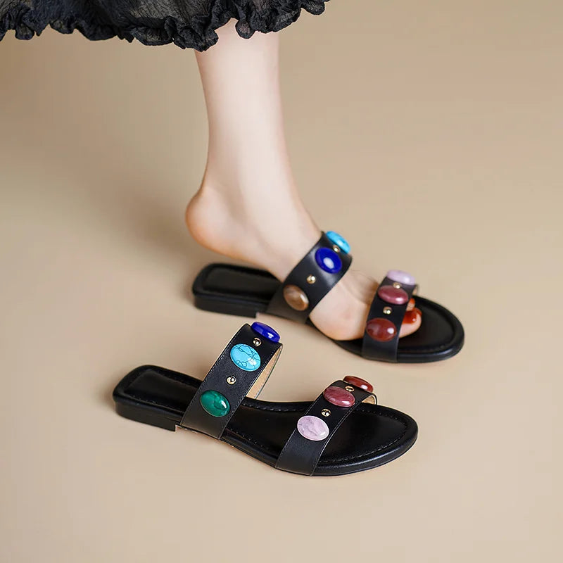 Dilalula Genuine Leather Bohemia Style Casual Slippers Women Peep Toe Low Heel Colorful Stone Decoration Slides Female Beach