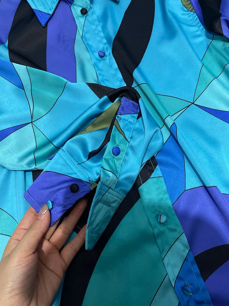 Retro geometric print lapel straight tube silk shirt two-piece set 2026 autumn women's clothing+loose wide leg pants fashion set