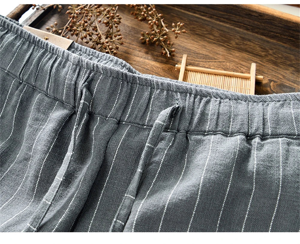 Summer cotton linen men's beach shorts loose fit breathable ramie striped straight daily causal pants for men