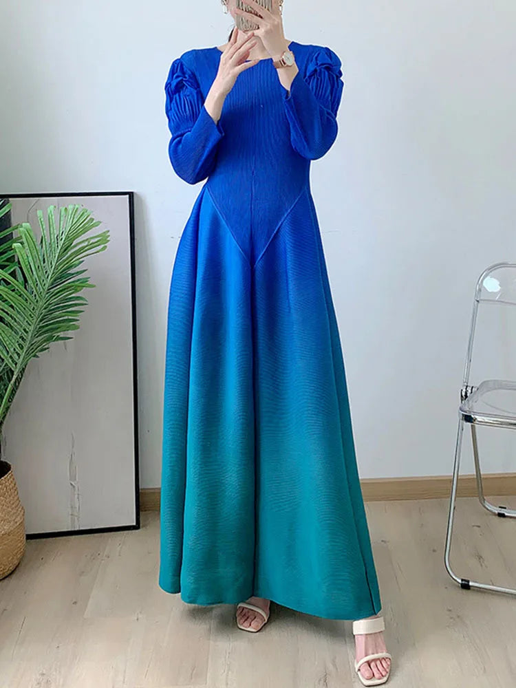 Miyake Pleated Fashion Dress O-Neck Long Sleeve Spliced Ruffles New 2023 Summer Evening Party Clothing Lady Middle East HotSales