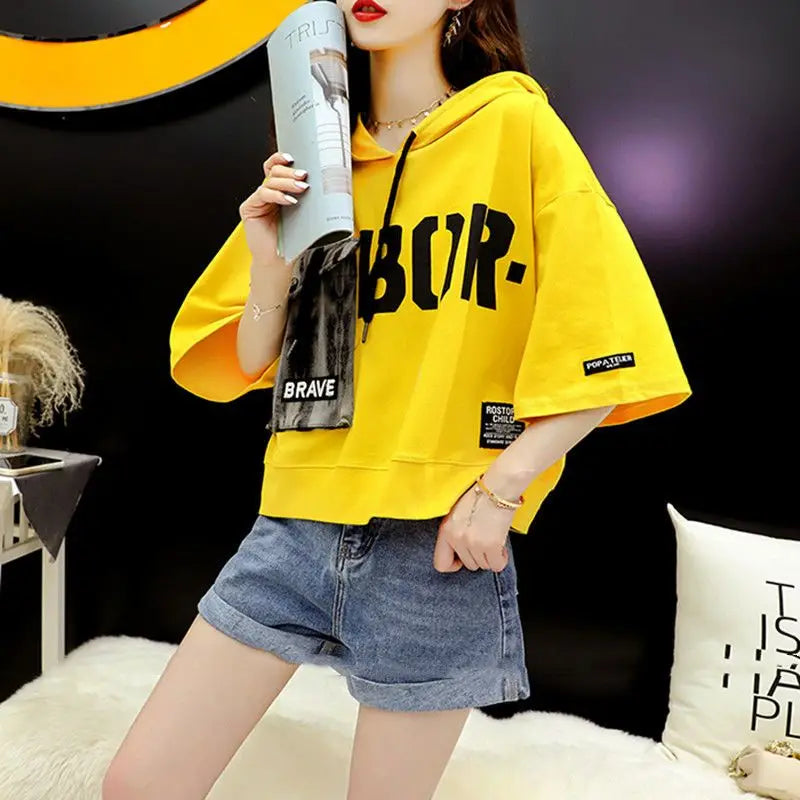 2023 Summer New Letter Printing Hoodies Women Round Neck Short Sleeve Drawstring Short Pullovers Ladies Korean Style Casual Top