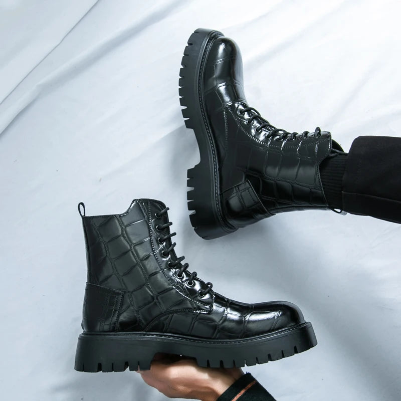 Luxury Brand Men's Autumn and Winter Crocodile Leather Side Zipper High Top Boots Fashionable New Men's Comfortable Short Boots