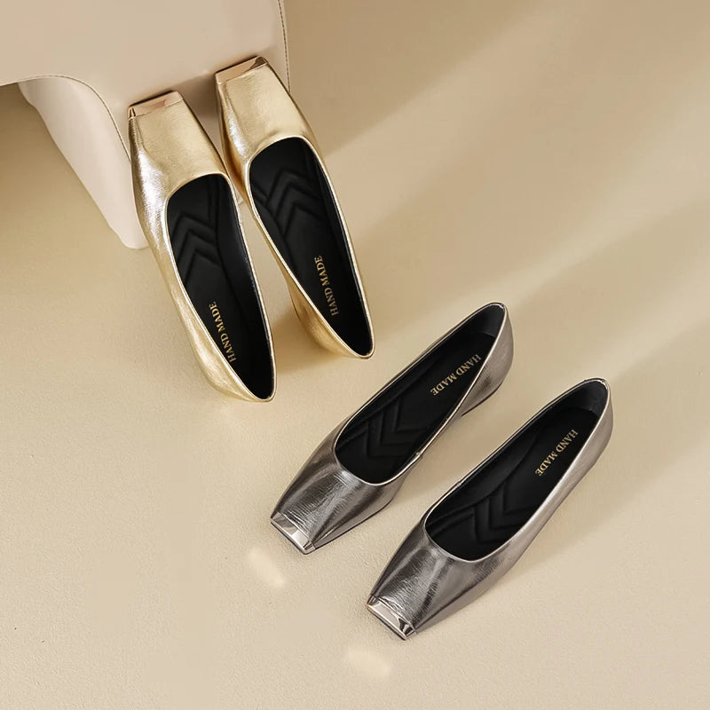 Fashion Genuine Leathe Pumps Women Metal Head Shallow Slip On Flats Office Ladies Low Heel Sheepskin Leather