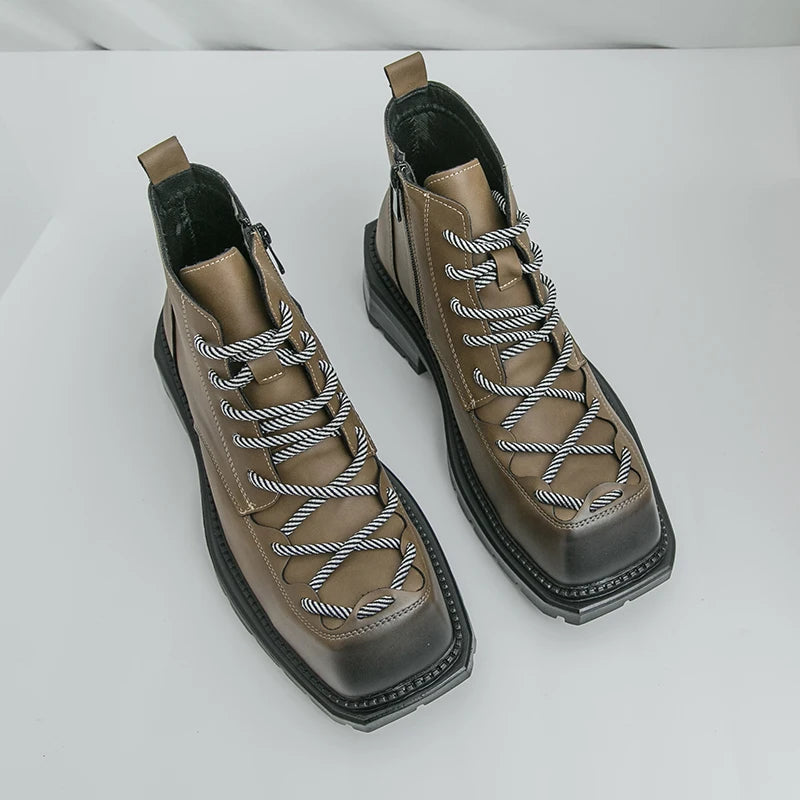 Autumn New Men Comfortable Lace Up Side Zipper High Top Leather Shoes Fashion Brand Round Toe Thick Soled Non Slip Outdoor Boots