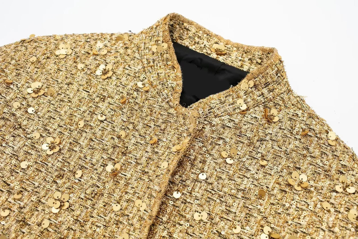 Women's Sequined Bomber Jacket Fall New Round Neck Long Sleeve Pocket Stretch Hem Sequins Jacket Coat Female Chic Outerwear