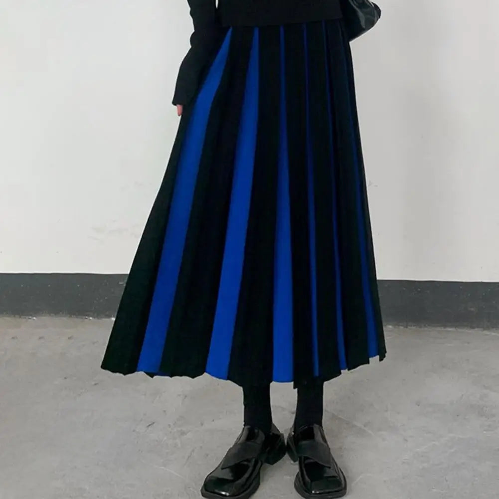 Women Midi Skirt High Waist Patchwork Color Pleated Skirt Ladies Autumn Knitting Skirt Women Versatile Comfortable Daily Wear