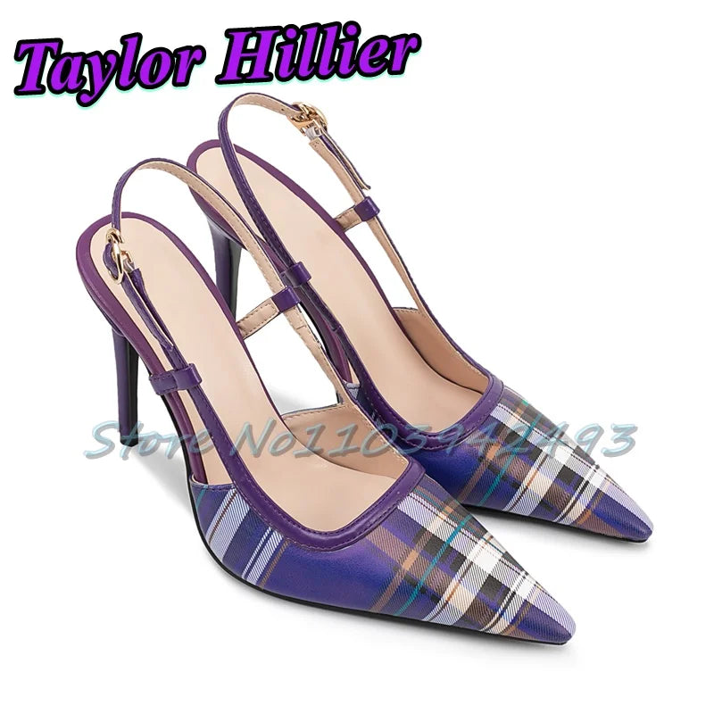 Patchwork Gingham Blue Heels Shallow Heeled Sandals Women Luxury Designer Shoes Summer Yellow Red Purple Buckle Strap Yellow New