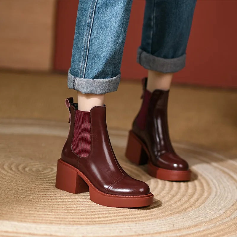 Winter Genuine Leather Chelsea Boots Women Shoes Retro Round Toe Women Platform Thick Heels Short Booties Autumn