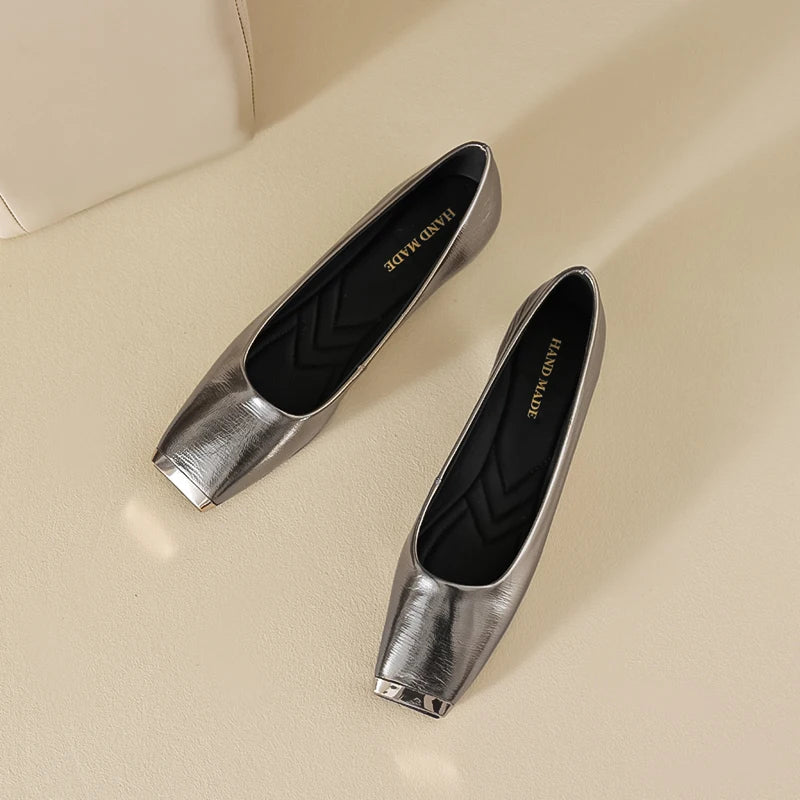 Fashion Genuine Leathe Pumps Women Metal Head Shallow Slip On Flats Office Ladies Low Heel Sheepskin Leather