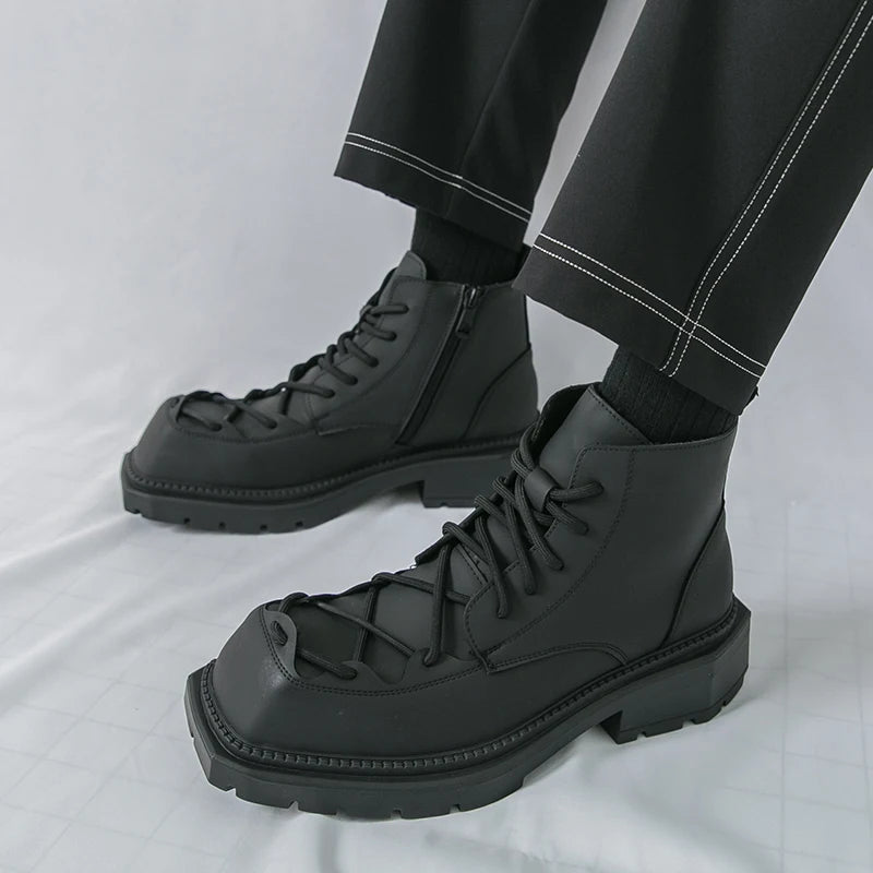 Autumn New Men Comfortable Lace Up Side Zipper High Top Leather Shoes Fashion Brand Round Toe Thick Soled Non Slip Outdoor Boots