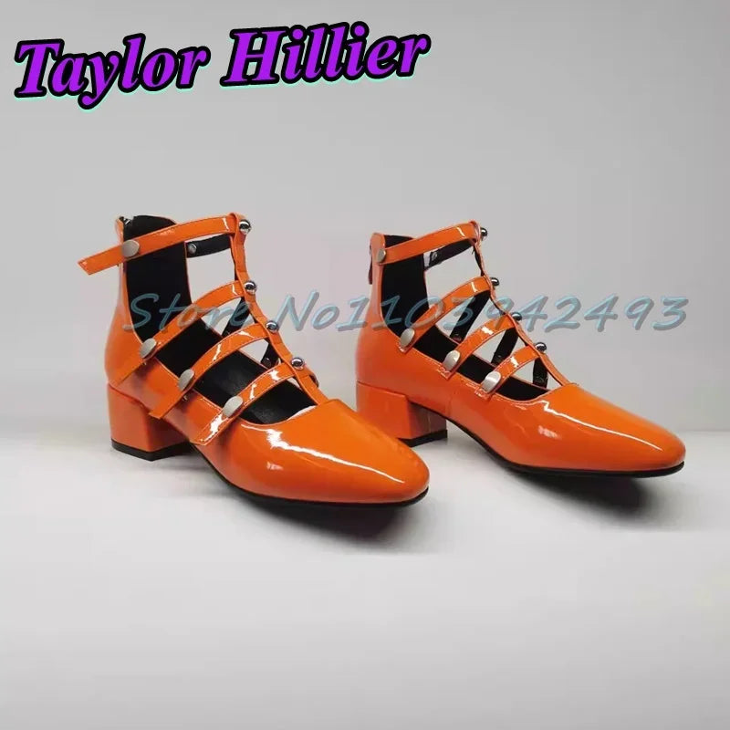 Gladiator Green Heeled Sandals Rivets Women Designer Luxury Shoes Patent Leather Solid Sandalias De Mujer Roman Strappy Palace