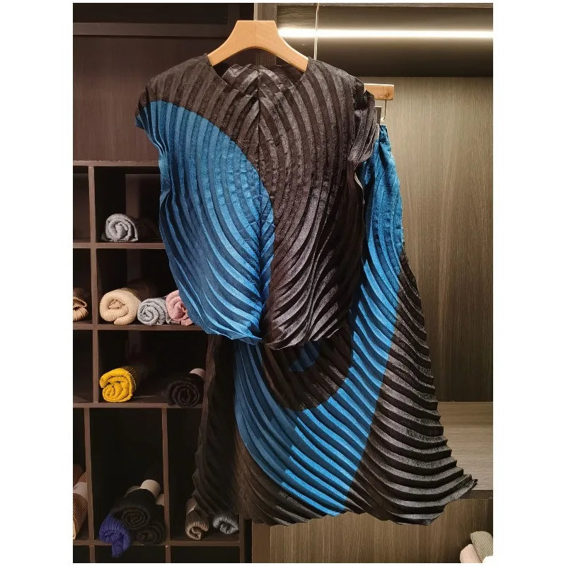 Miyake style Pleated Color Block T-Shirt 2026 Summer New Irregular Top Skirt 2-Piece Set Women Vacation Stretch Wrinkle-Free Clothing