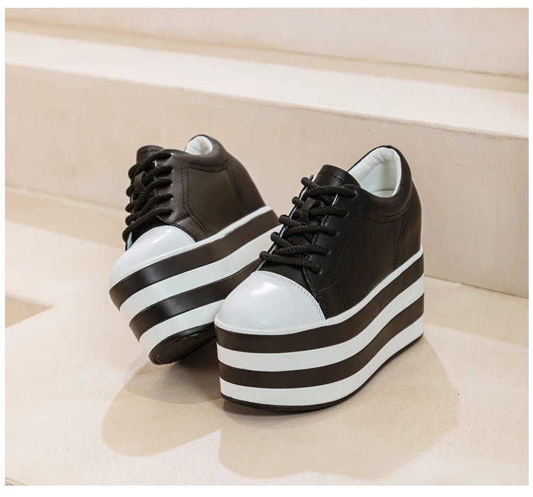12cm Genuine Leather Platform Wedge Chunky Sneaker Hidden Heels Casual Breathable New Spring Autumn High Brand Vulcanize Shoes