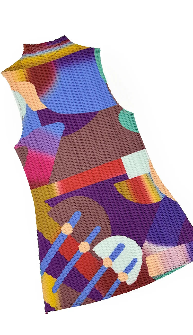 Miyake Pleated Geometric Playground Printed High-neck Sleeveless Top