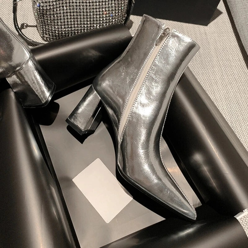 2025 New Women's Fashion Chunky Single Boots Fall New Pointy Bright Side Zipper Comfortable High Heel Ankle Boots