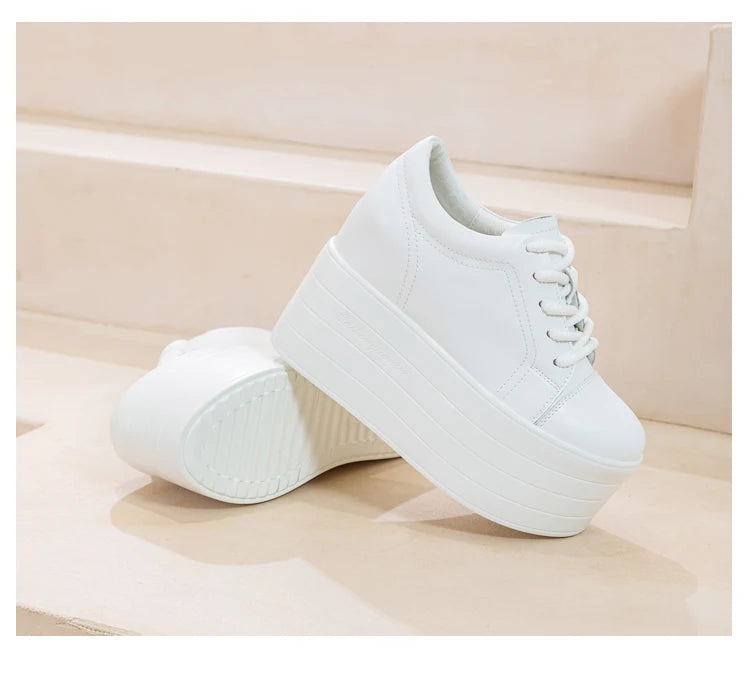 12cm Genuine Leather Platform Wedge Chunky Sneaker Hidden Heels Casual Breathable New Spring Autumn High Brand Vulcanize Shoes