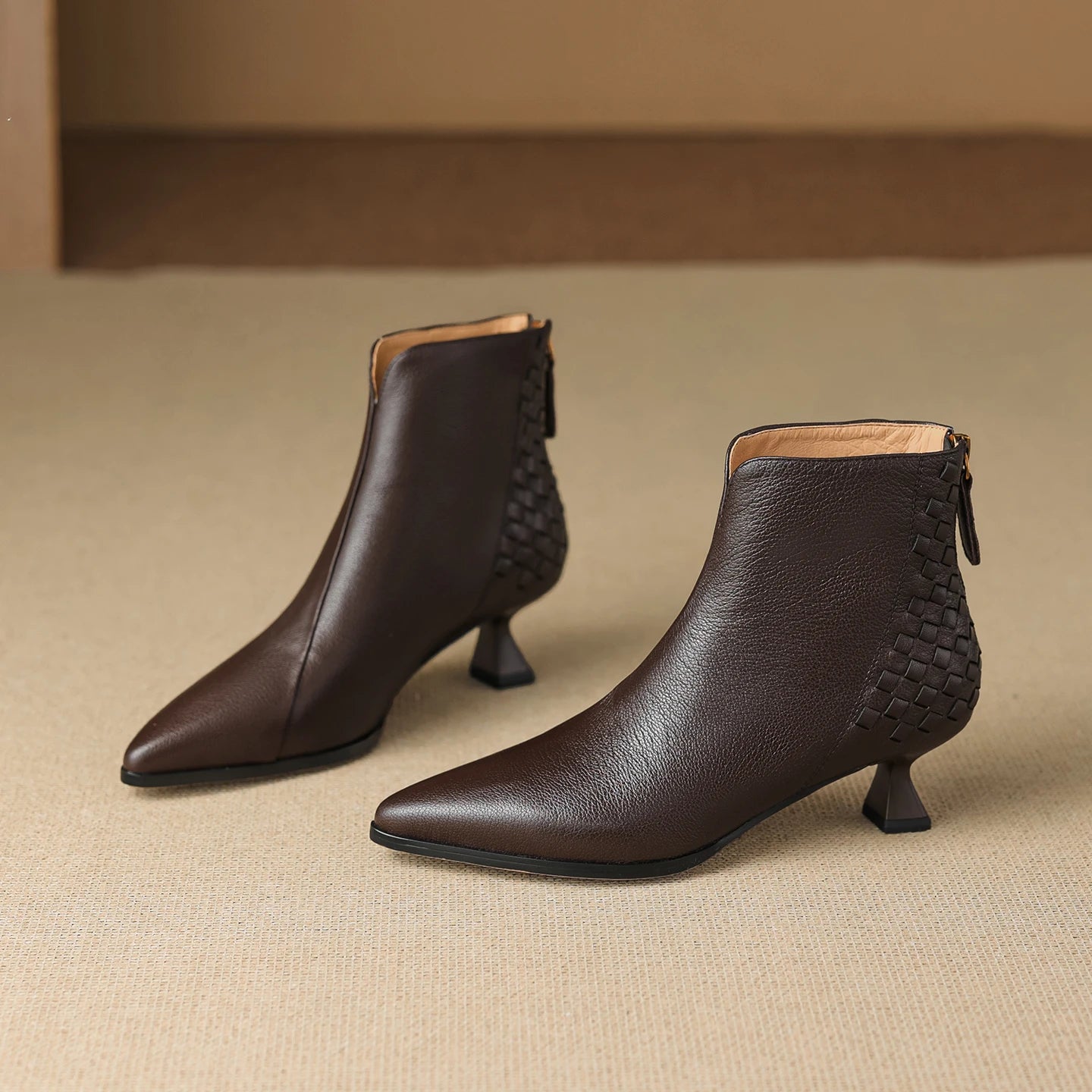 Elegant Sheepskin Leather Retro Ankle Boots Women Pointy Toe Med Thin Heels Office Lady Braided Boots Party