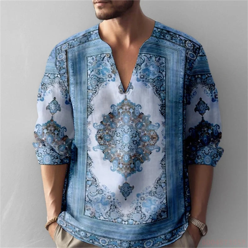 Men's Long-Sleeved Shirt with Retro Print, Stylish Design, Outdoor Casual Henley Collar, Loose Fit, Men's Vacation Top, XS-6XL.