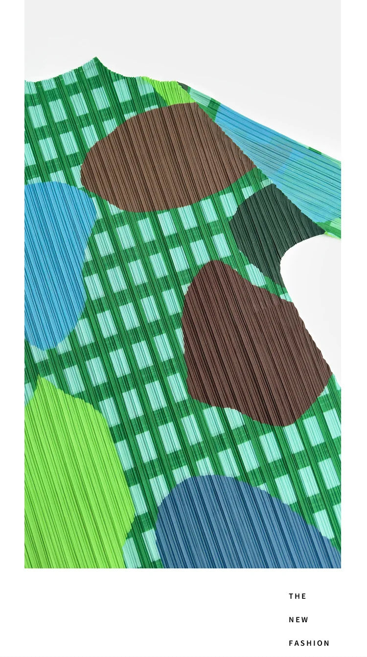 Miyake Elegant Green Plaid Color Block Print Pleated Top Mock Neck Half Sleeve Elastic Tee Daily Commute Office