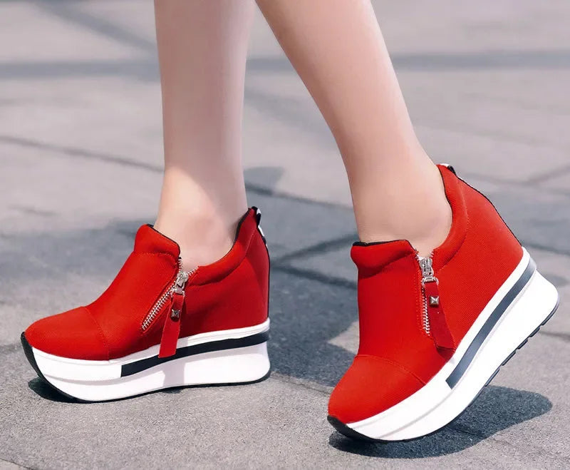 2024 Platform Sneakers Women Red Casual Comfortable Hidden Heel Shoe Black Canvas Shoes Wedge Heels Sneaker Tenis De Mujer
