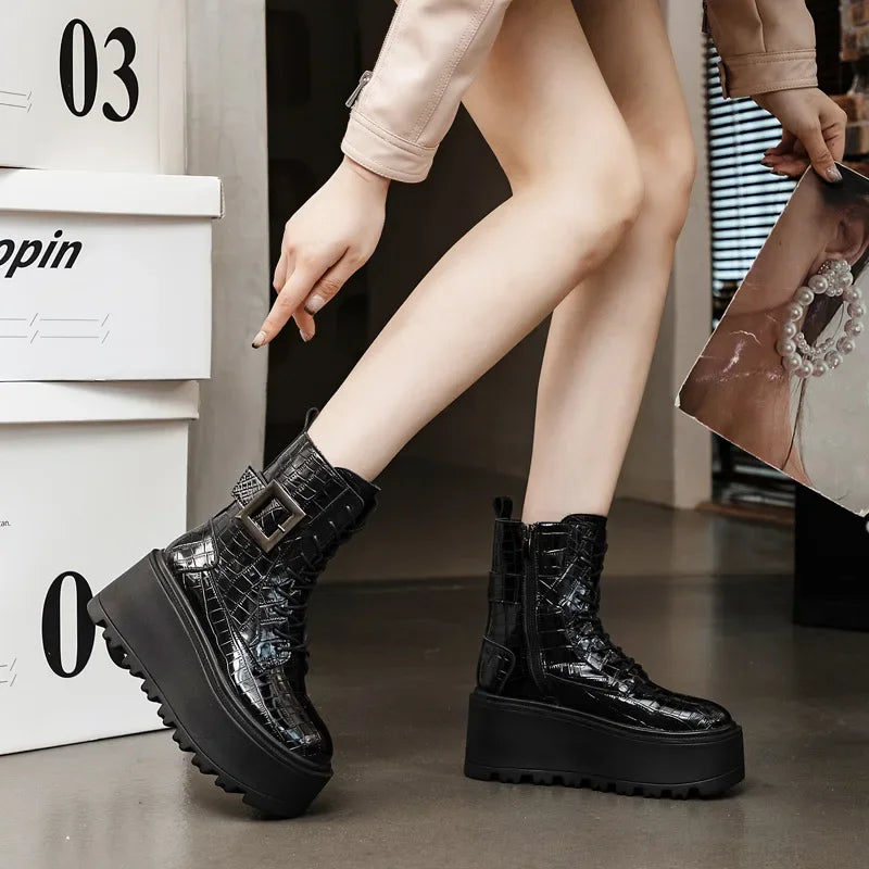 Fujin 8cm New Women Combat Boots Ankle Booties Platform Sneakers Spring Autumn Warm Fur Winter Genuine Leather Women Shoes Boot