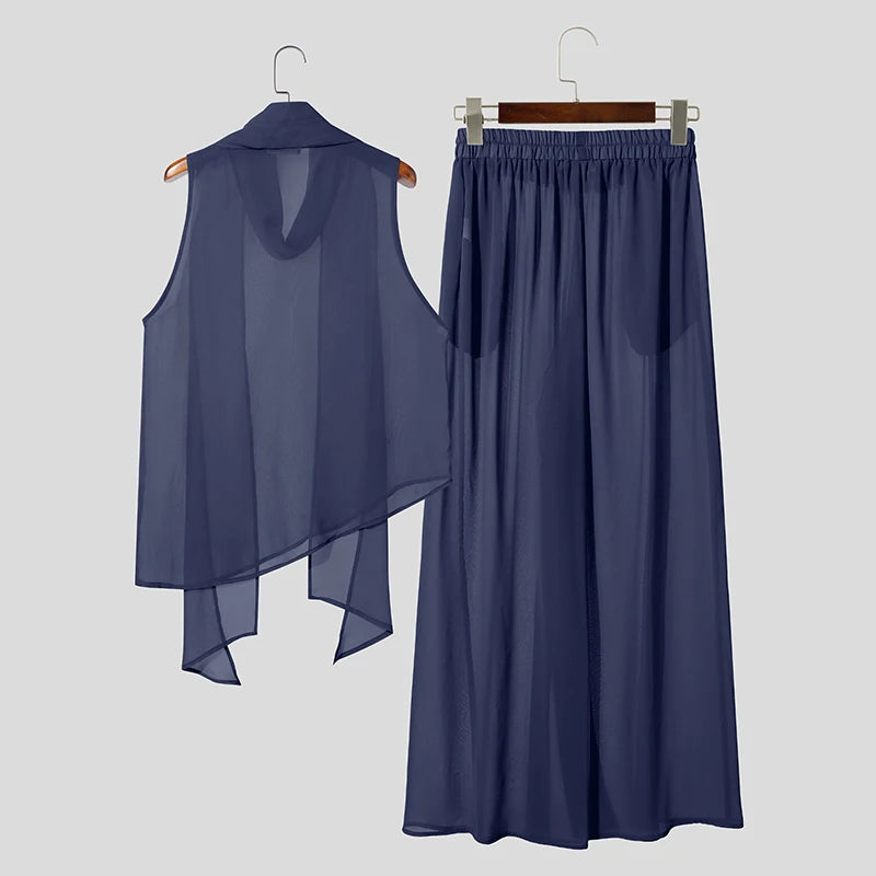 INCERUN Men's Sets Solid Chiffon See Through Sleeveless Irregular Tank Tops Pants Two Piece Sets Oversize 2026 Men Matching Sets