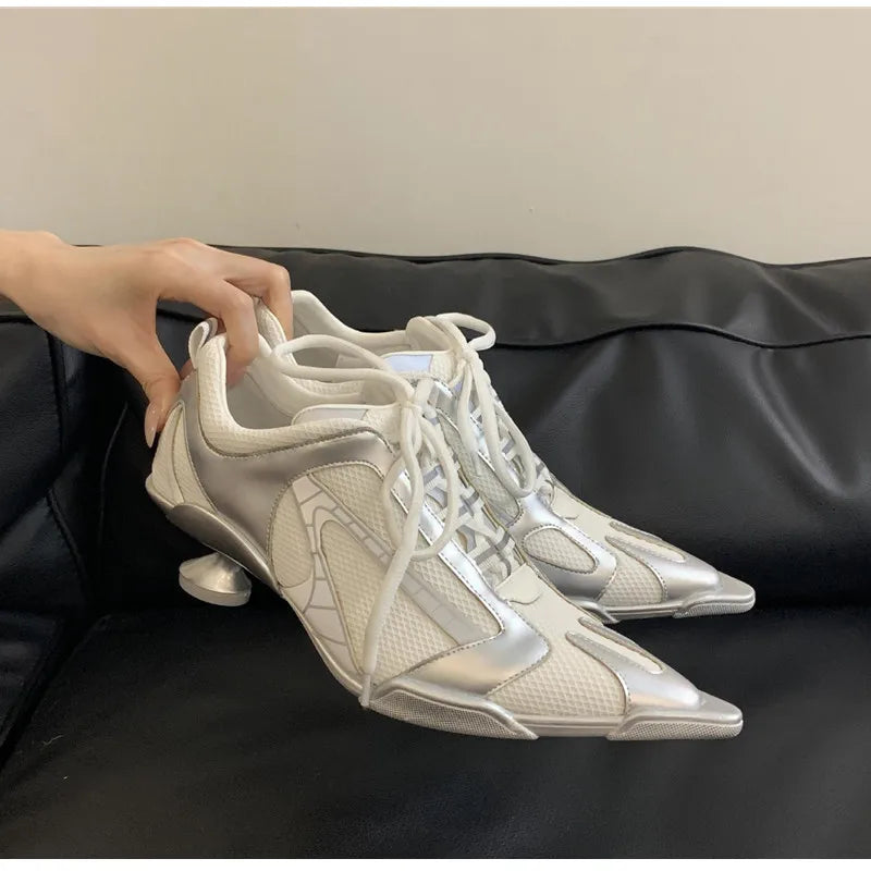 Sport Style Fashion Mixed-color Pointed toe Women Pumps Spring Autumn Breathable Mesh Strange High heels Casual Sneakers Shoes