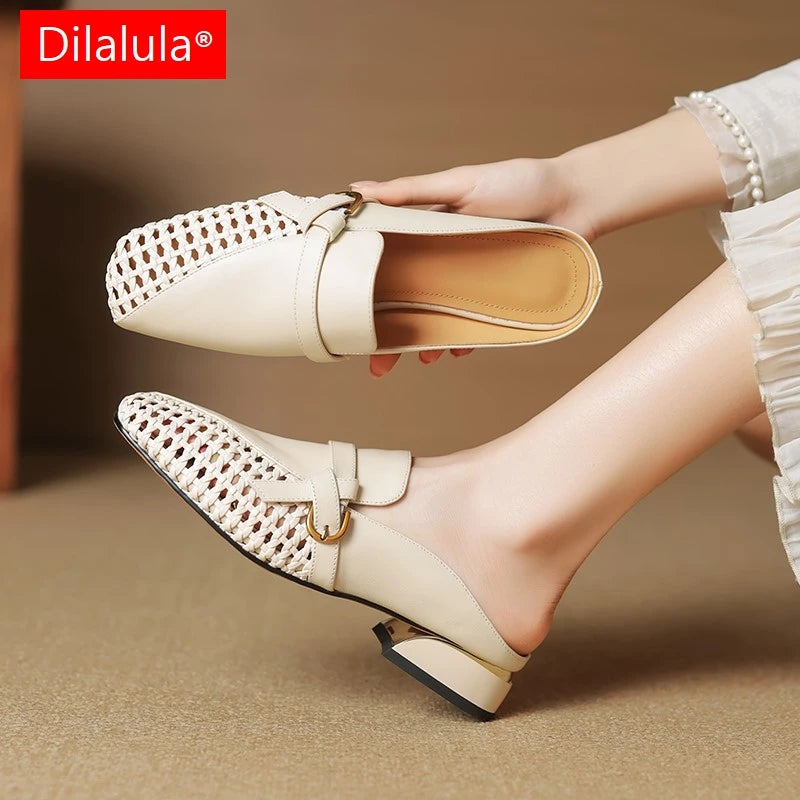 Dilalula 2025 Genuine Leather Hollow Women Mules Covered Toe Low Thick Heels Casual Slippers Ladies Summer Walk Belt Mesh Slides