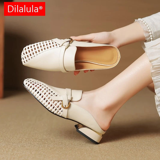 Dilalula 2025 Genuine Leather Hollow Women Mules Covered Toe Low Thick Heels Casual Slippers Ladies Summer Walk Belt Mesh Slides