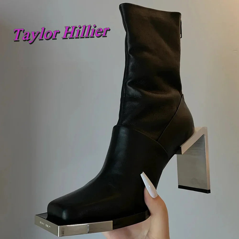 Black Strange Style Ankle Boots Patchwork Square Toe High Heels Cool Girls 2025 Solid Luxury Autumn Winter Women Fashion Shoes