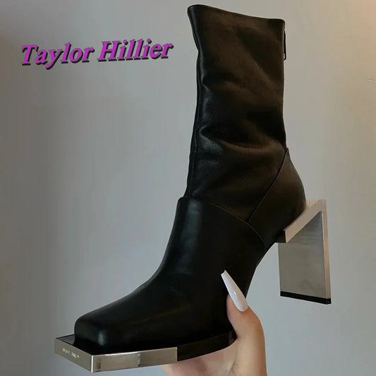 Black Strange Style Ankle Boots Patchwork Square Toe High Heels Cool Girls 2025 Solid Luxury Autumn Winter Women Fashion Shoes