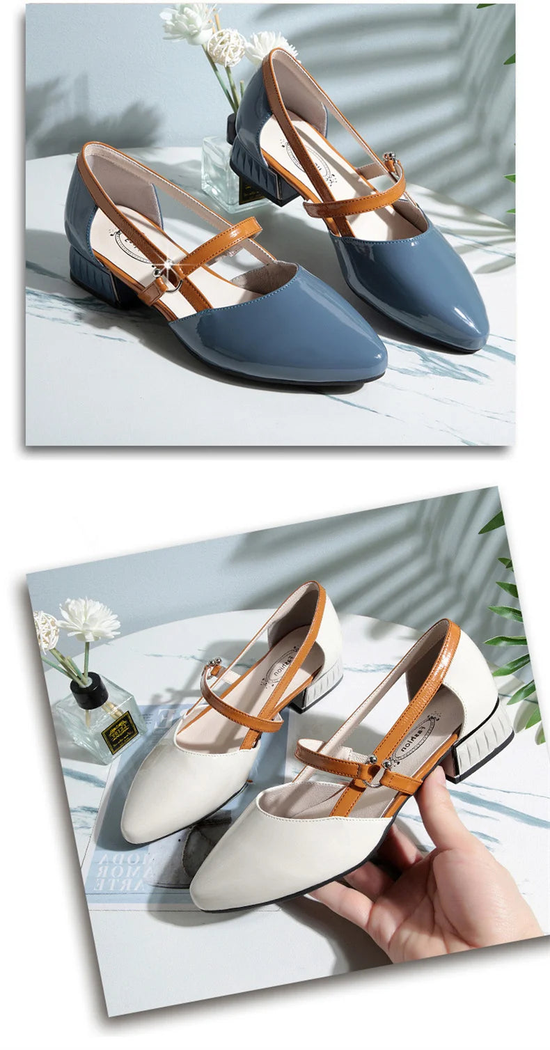 2024 Soft Leather Sandals Women Spring Summer Fashion Pointed Tip Single Shoes Low-Heel Hollow Buckle Ventilate Office Gentle