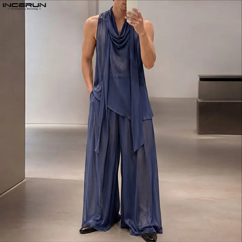 INCERUN Men's Sets Solid Chiffon See Through Sleeveless Irregular Tank Tops Pants Two Piece Sets Oversize 2026 Men Matching Sets