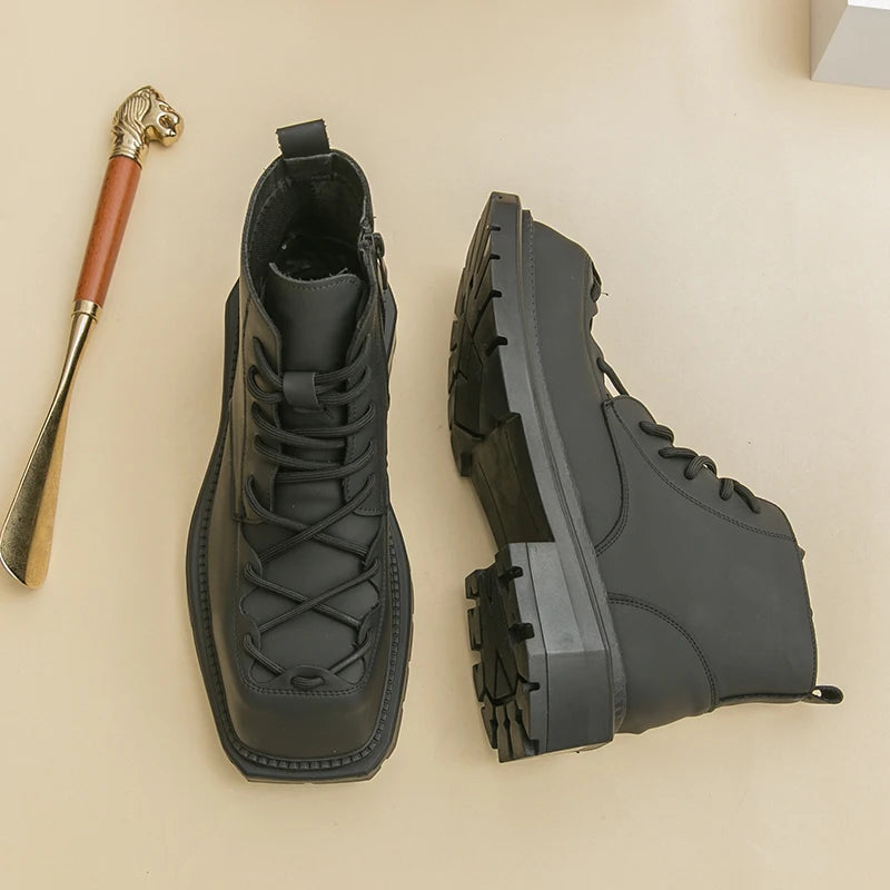 Autumn New Men Comfortable Lace Up Side Zipper High Top Leather Shoes Fashion Brand Round Toe Thick Soled Non Slip Outdoor Boots