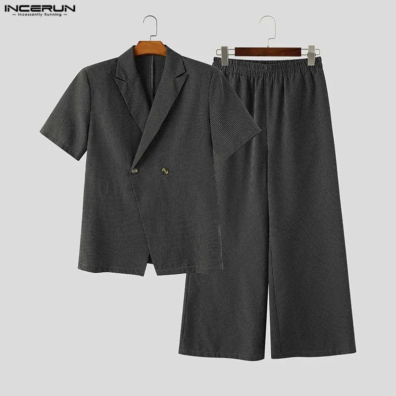 INCERUN Men Plaid Sets Lapel Short Sleeve Blazer Wide Leg Pants Two Piece Sets Streetwear Elegant 2026 Fashion Men Matching Sets