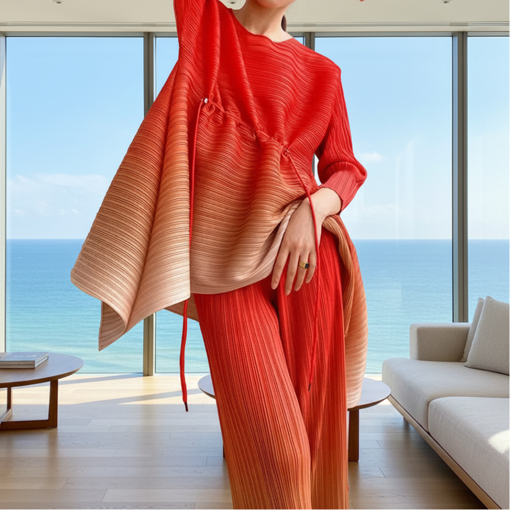 Miyake Fold Suit for Women 2024 Spring Summer Loose Foreign Style Two-piece Fashion Meat Shield Wide-leg Pants Two-piece Set