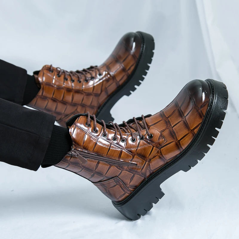 Luxury Brand Men's Autumn and Winter Crocodile Leather Side Zipper High Top Boots Fashionable New Men's Comfortable Short Boots