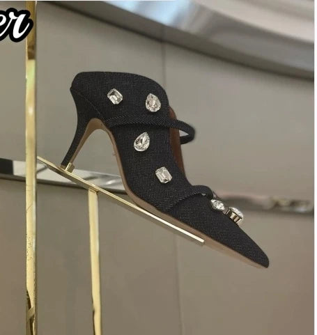 New Double Strappy Mule Sandals Gemstone Stiletto Pointy Toe High Heels Women Pull On Slip On Shoes Spring Summer Outer Slippers