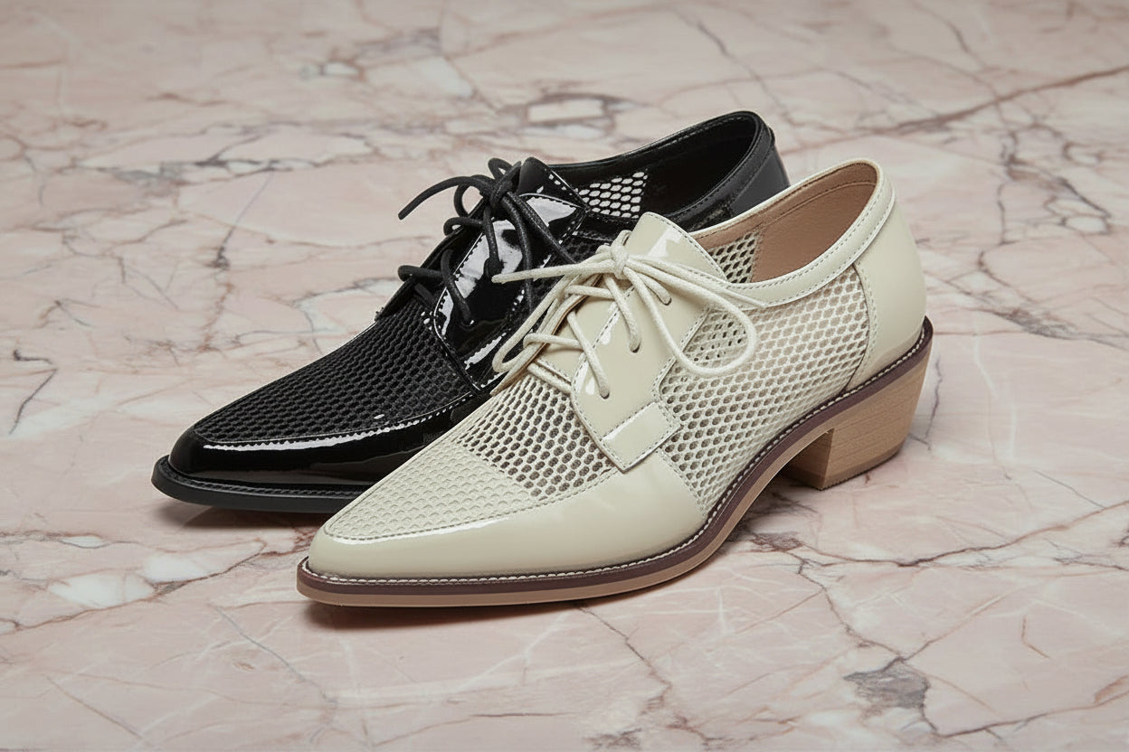 Spring Summer Genuine Leather Mesh Pumps Women Pointed Toe Lace Up Med Thick Heels Breathable Office Ladies Shoes 2025