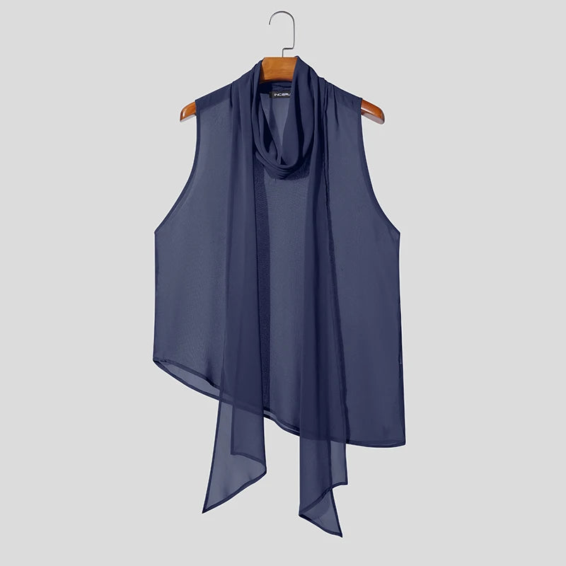 INCERUN Men's Sets Solid Chiffon See Through Sleeveless Irregular Tank Tops Pants Two Piece Sets Oversize 2026 Men Matching Sets