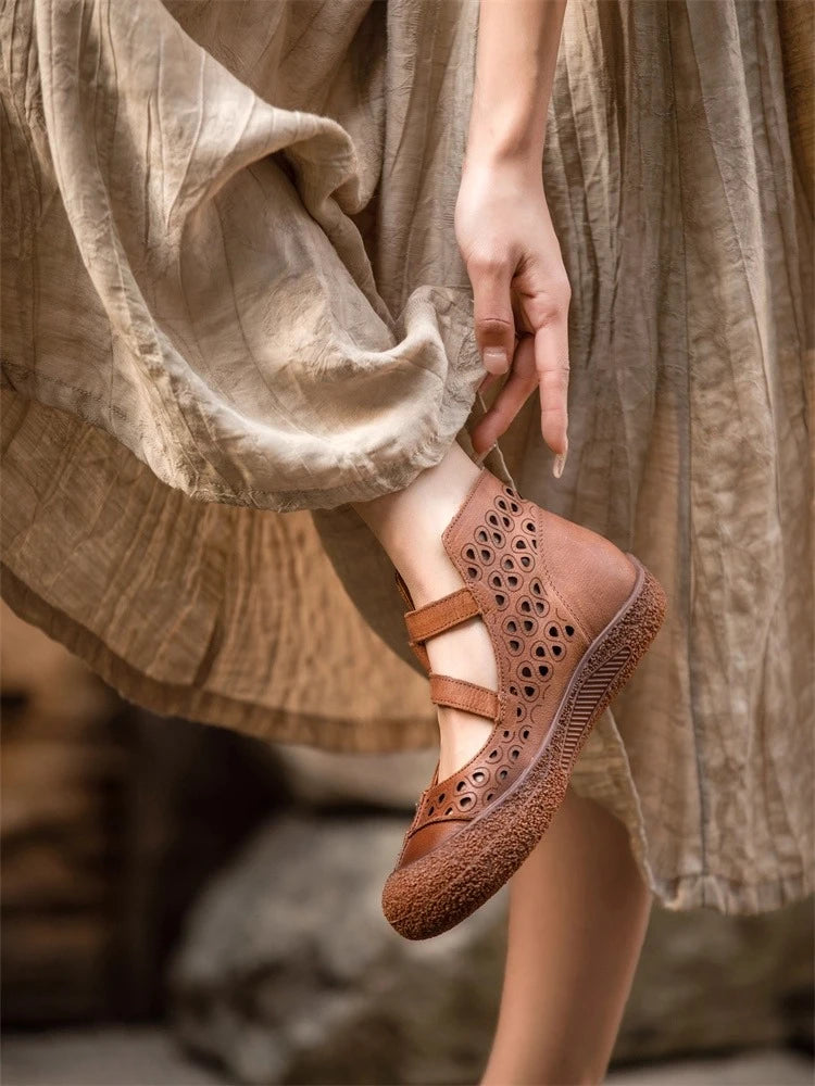 2026 Summer Retro Handmade Women's Shoes Genuine Leather Soft Bottom Mom Sandals Cowhide Hollow Out Casual Sandal Boots