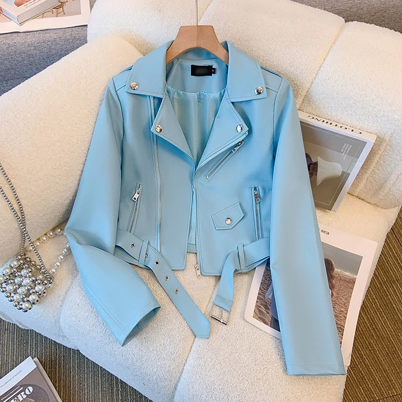 Blue PU leather jacket for women's spring autumn short Street style 2025 new retro motorcycle Leather Coat top