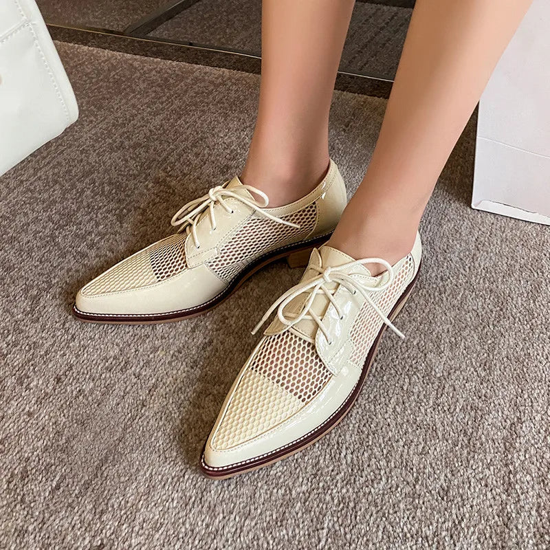 Spring Summer Genuine Leather Mesh Pumps Women Pointed Toe Lace Up Med Thick Heels Breathable Office Ladies Shoes 2025